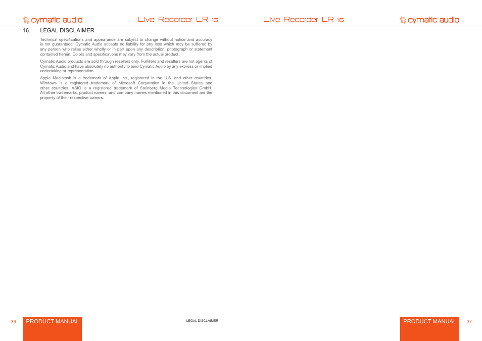 Legal disclaimer, Legal disclaimer 6 | Cymatic Audio LR-16 Manual User Manual | Page 19 / 20