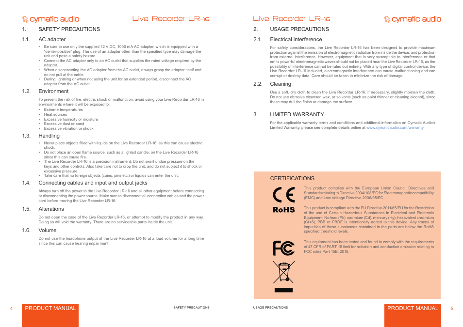 Safety precautions, Ac adapter, Environment | Handling, Connecting cables and input and output jacks, Alterations, Volume, Usage precautions, Electrical interference, Cleaning | Cymatic Audio LR-16 Manual User Manual | Page 3 / 20