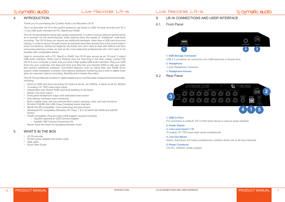 Introduction, What’s in the box, Lr-16 connections and user interface | Front panel, Rear panel | Cymatic Audio LR-16 Manual User Manual | Page 4 / 20