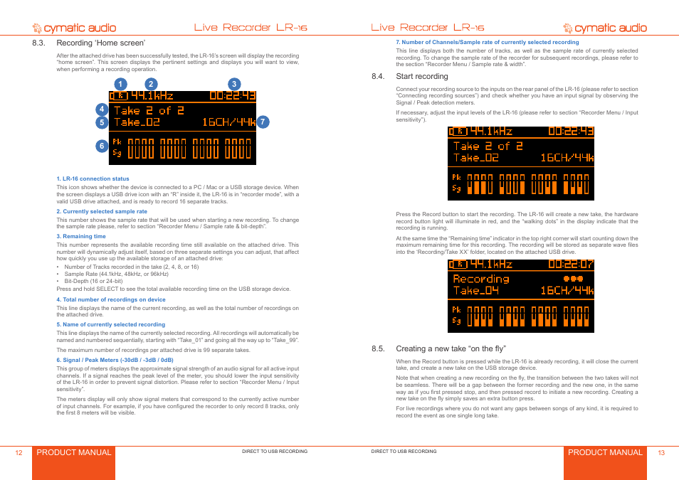Recording ‘home screen, Start recording, Creating a new take “on the fly | Recording ‘home screen’ 2, Start recording 3, Creating a new take “on the fly” 3 | Cymatic Audio LR-16 Manual User Manual | Page 7 / 20