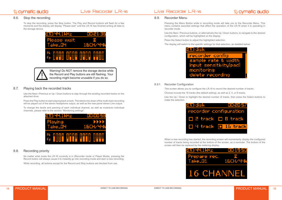Stop the recording, Playing back the recorded tracks, Recording priority | Recorder menu, Recorder configuration, Stop the recording 4, Playing back the recorded tracks 4, Recording priority 4, Recorder menu 5, Recorder configuration 5 | Cymatic Audio LR-16 Manual User Manual | Page 8 / 20