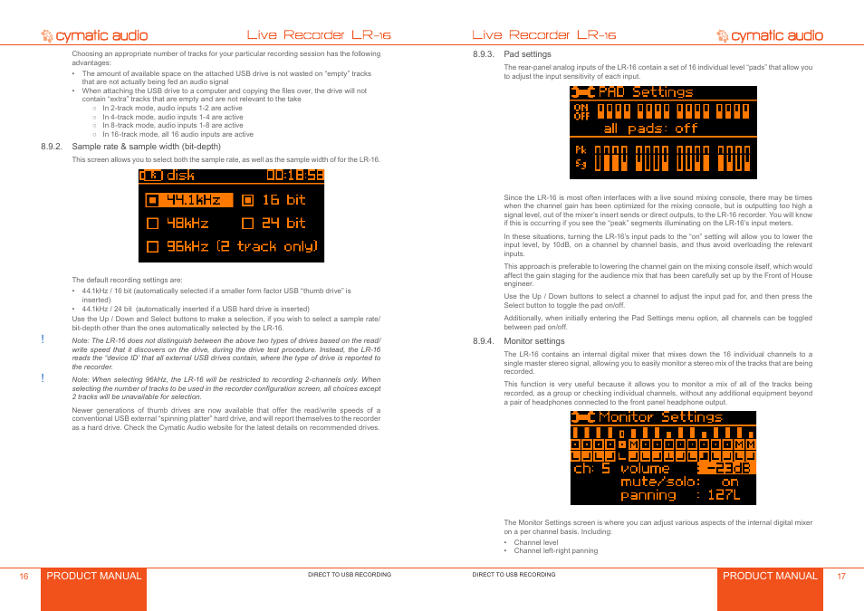 Sample rate & sample width (bit-depth), Pad settings, Monitor settings | Sample rate & sample width (bit-depth) 6, Pad settings 7, Monitor settings 7 | Cymatic Audio LR-16 Manual User Manual | Page 9 / 20
