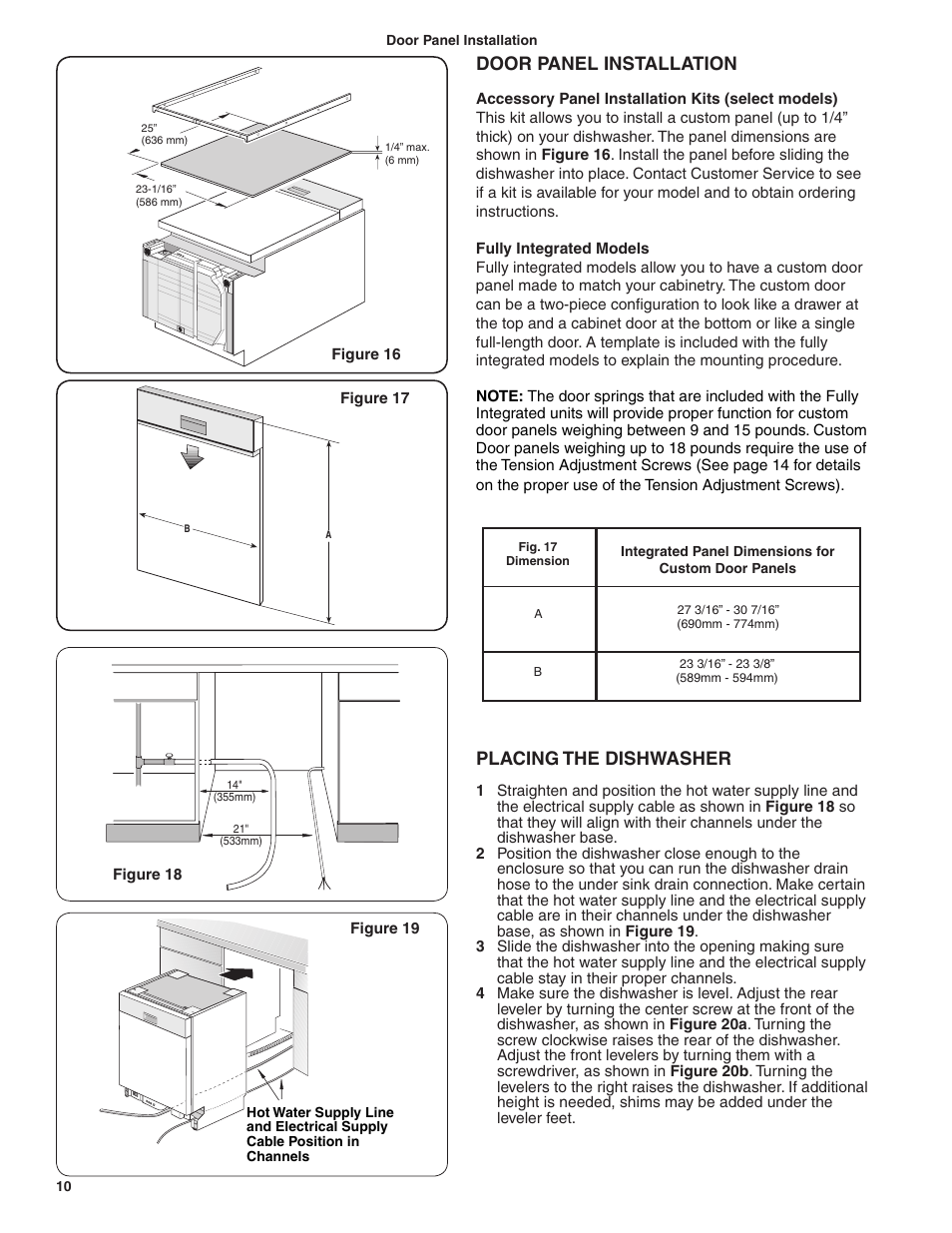 Door panel installation, Placing the dishwasher | Bosch BSH Dishwasher User Manual | Page 10 / 48