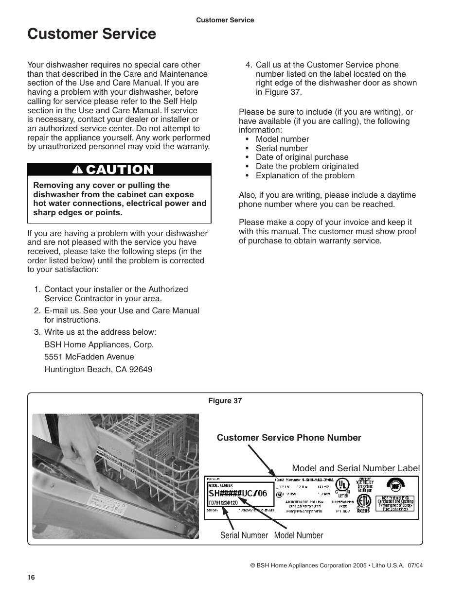 Customer service, Caution | Bosch BSH Dishwasher User Manual | Page 16 / 48