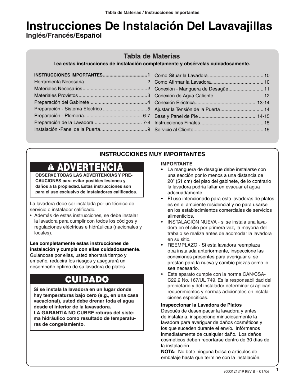 Instrucciones de instalación del lavavajillas, Advertencia, Tabla de materias | Inglés/francés/ español | Bosch BSH Dishwasher User Manual | Page 33 / 48