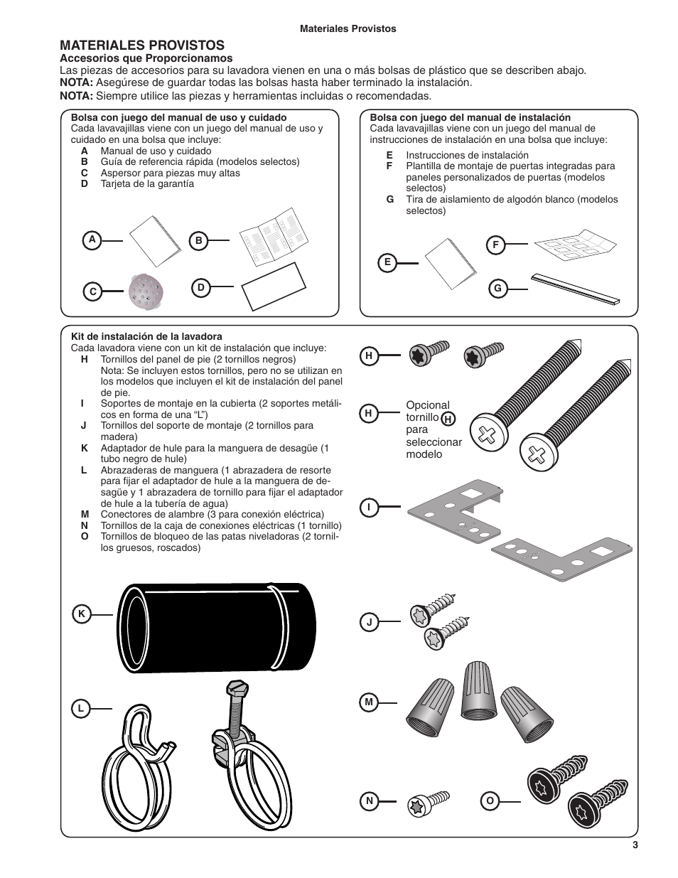 Materiales provistos | Bosch BSH Dishwasher User Manual | Page 35 / 48