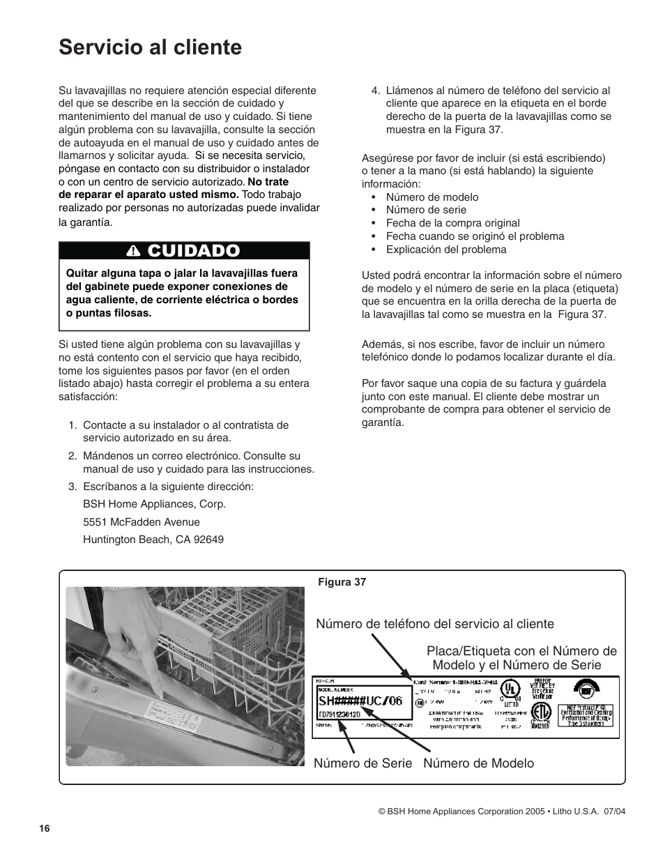 Servicio al cliente, Cuidado | Bosch BSH Dishwasher User Manual | Page 48 / 48