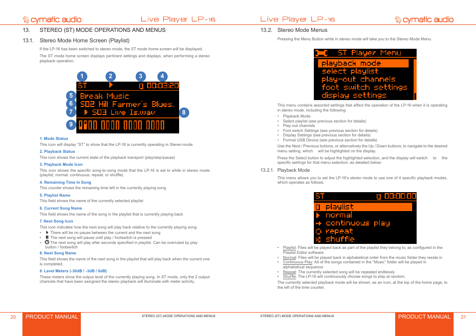 Stereo (st) mode operations and menus, Stereo mode home screen (playlist), Stereo mode menus | Playback mode, Stereo (st) mode operations and menus 0, Stereo mode home screen (playlist) 0, Stereo mode menus 1, Playback mode 1 | Cymatic Audio LP-16 Manual User Manual | Page 11 / 19