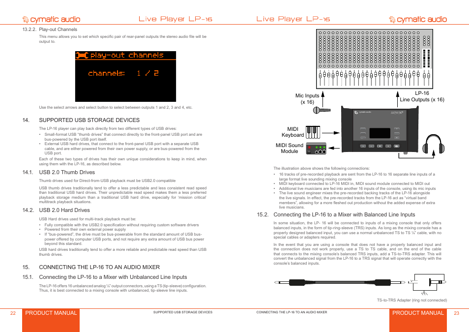 Play-out channels, Supported usb storage devices, Usb 2.0 thumb drives | Usb 2.0 hard drives, Connecting the lp-16 to an audio mixer, Play-out channels 2, Supported usb storage devices 2, Usb 2.0 thumb drives 2, Usb 2.0 hard drives 2, Connecting the lp-16 to an audio mixer 2 | Cymatic Audio LP-16 Manual User Manual | Page 12 / 19