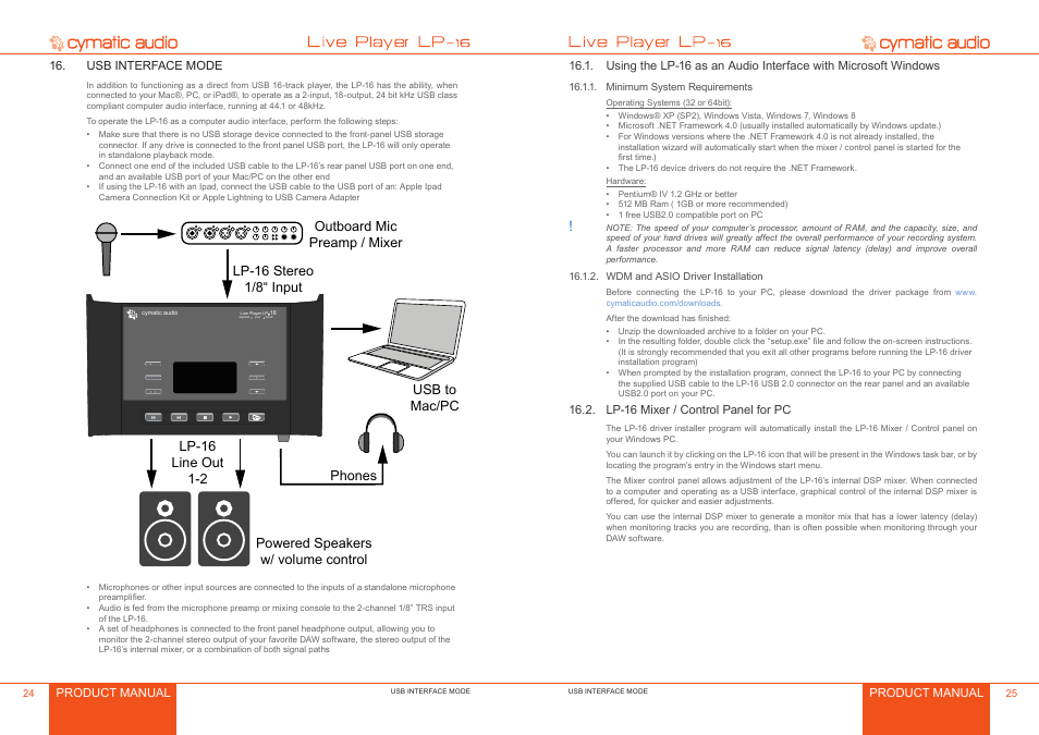 Usb interface mode, Minimum system requirements, Wdm and asio driver installation | Lp-16 mixer / control panel for pc, Usb interface mode 4, Minimum system requirements 5, Wdm and asio driver installation 5, Lp-16 mixer / control panel for pc 5 | Cymatic Audio LP-16 Manual User Manual | Page 13 / 19