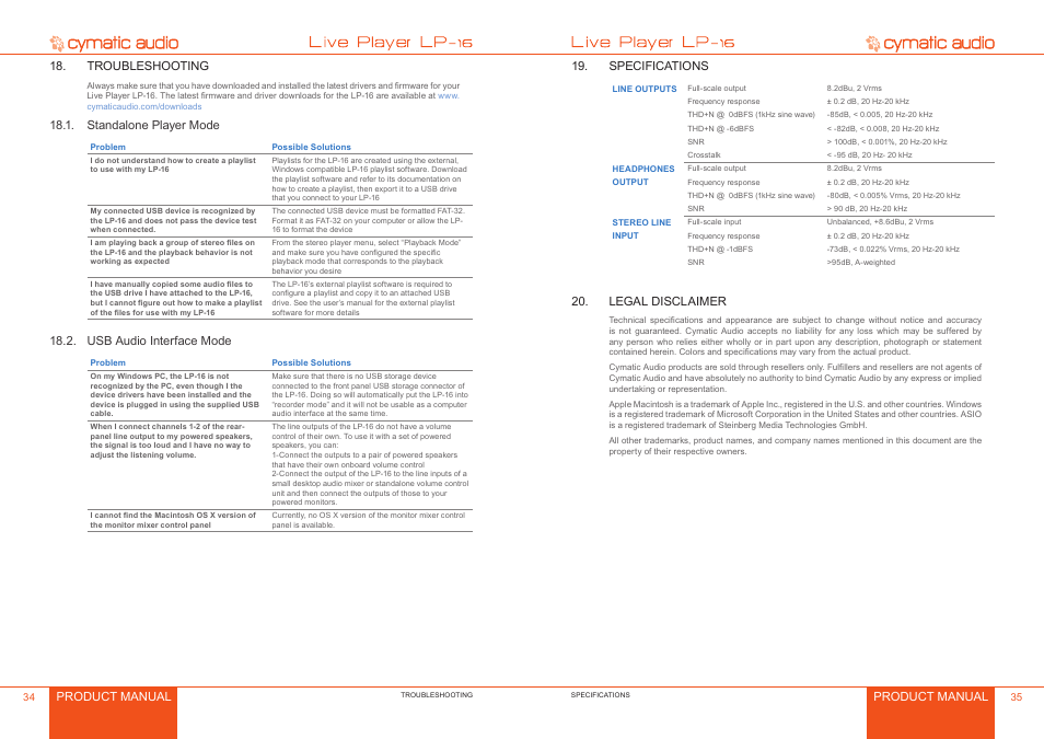 Troubleshooting, Standalone player mode, Usb audio interface mode | Specifications, Legal disclaimer, Troubleshooting 4, Standalone player mode 4, Usb audio interface mode 4, Specifications 5, Legal disclaimer 5 | Cymatic Audio LP-16 Manual User Manual | Page 18 / 19