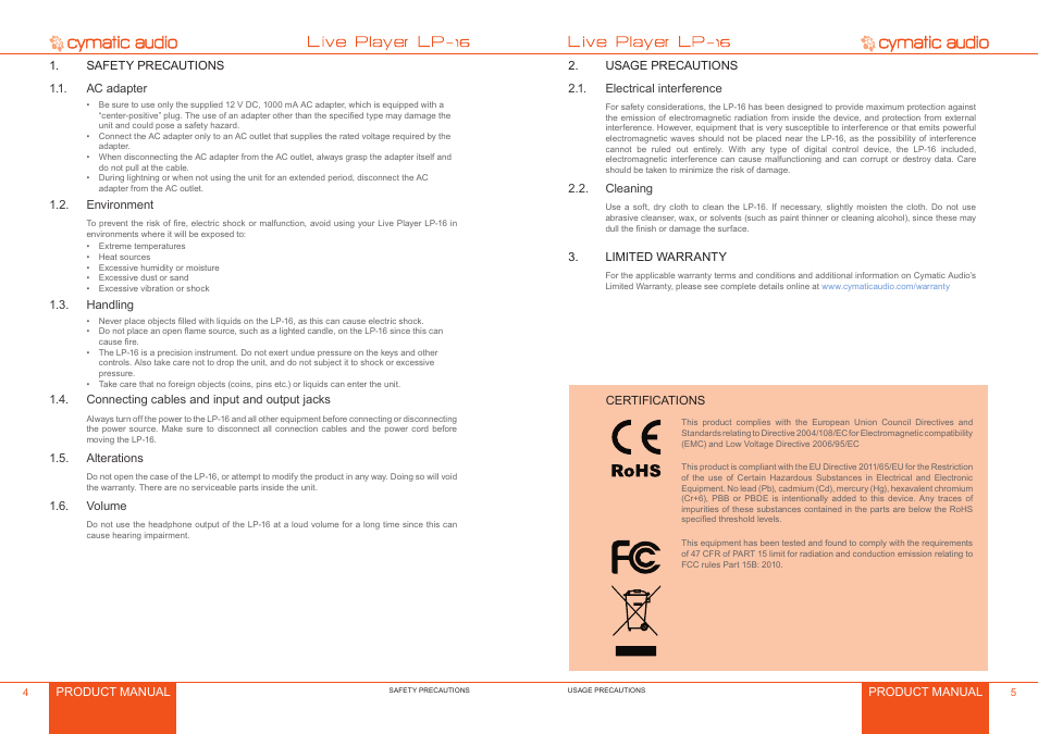 Safety precautions, Ac adapter, Environment | Handling, Connecting cables and input and output jacks, Alterations, Volume, Usage precautions, Electrical interference, Cleaning | Cymatic Audio LP-16 Manual User Manual | Page 3 / 19
