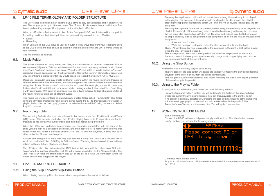 Lp-16 file terminology and folder structure, Music folder, Recording folder | Lp-16 transport behavior, Using the skip forward/skip-back buttons, Using the stop button, Using to the playlist folder, Working with usb media, Music folder 2, Recording folder 2 | Cymatic Audio LP-16 Manual User Manual | Page 7 / 19