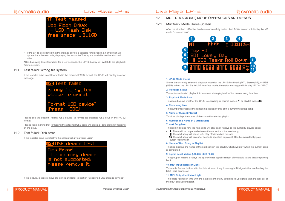 Test failed: wrong file system, Test failed: disk error, Multi-track (mt) mode operations and menus | Multitrack mode home screen, Test failed: wrong file system 4, Test failed: disk error 4, Multitrack mode home screen 5 | Cymatic Audio LP-16 Manual User Manual | Page 8 / 19