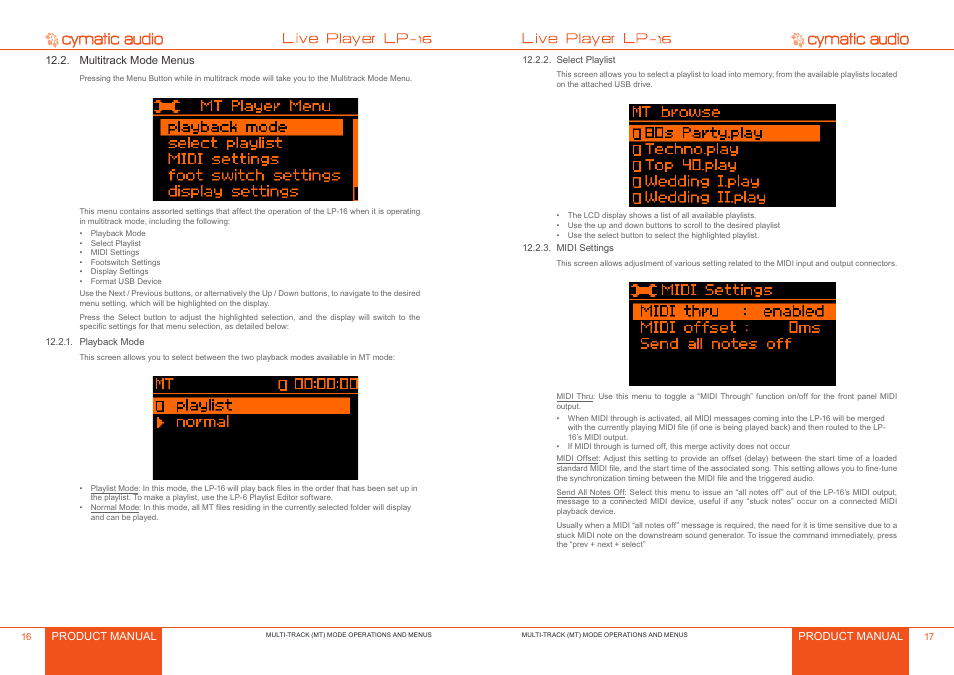 Multitrack mode menus, Playback mode, Select playlist | Midi settings, Multitrack mode menus 6, Playback mode 6, Select playlist 7, Midi settings 7 | Cymatic Audio LP-16 Manual User Manual | Page 9 / 19