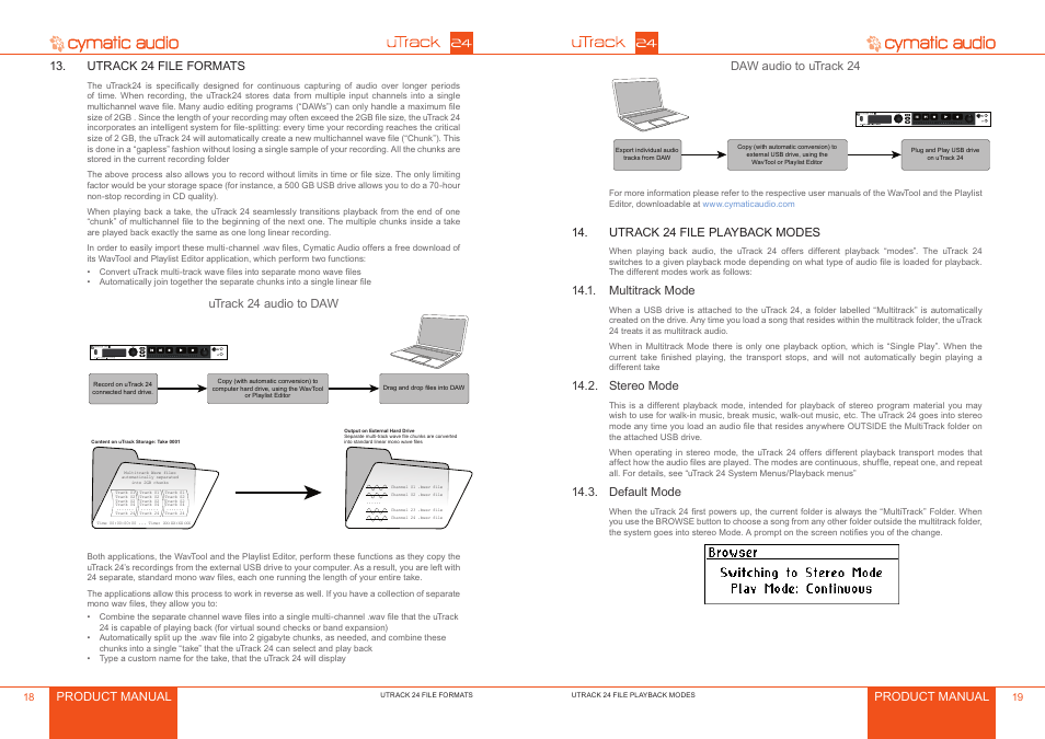 Utrack 24 file formats, Utrack 24 file playback modes, Multitrack mode | Stereo mode, Default mode, Multitrack mode 9, Stereo mode 9, Default mode 9, Product manual, Utrack 24 audio to daw | Cymatic Audio uTrack 24 Manual User Manual | Page 10 / 23