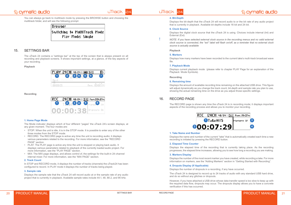 Settings bar, Settings bar 0 | Cymatic Audio uTrack 24 Manual User Manual | Page 11 / 23