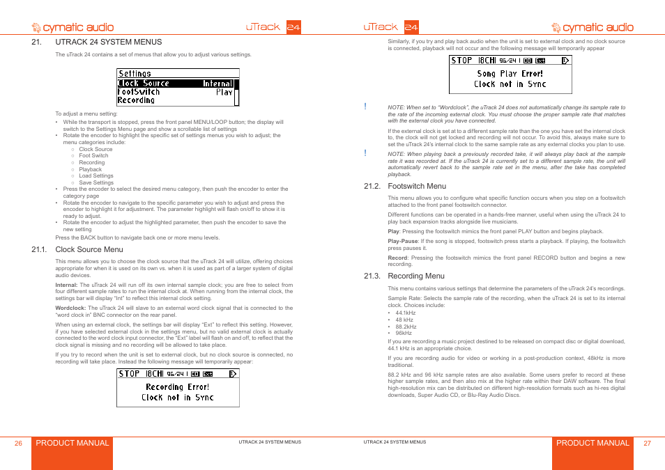 Utrack 24 system menus, Clock source menu, Footswitch menu | Recording menu, Utrack 24 system menus 6, Clock source menu 6, Footswitch menu 7, Recording menu 7 | Cymatic Audio uTrack 24 Manual User Manual | Page 14 / 23