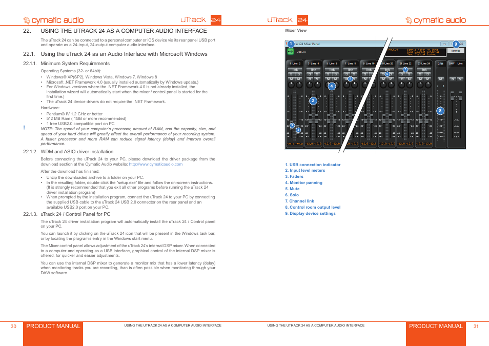 Using the utrack 24 as a computer audio interface, Minimum system requirements, Wdm and asio driver installation | Utrack 24 / control panel for pc, Minimum system requirements 0, Wdm and asio driver installation 0, Utrack 24 / control panel for pc 0 | Cymatic Audio uTrack 24 Manual User Manual | Page 16 / 23