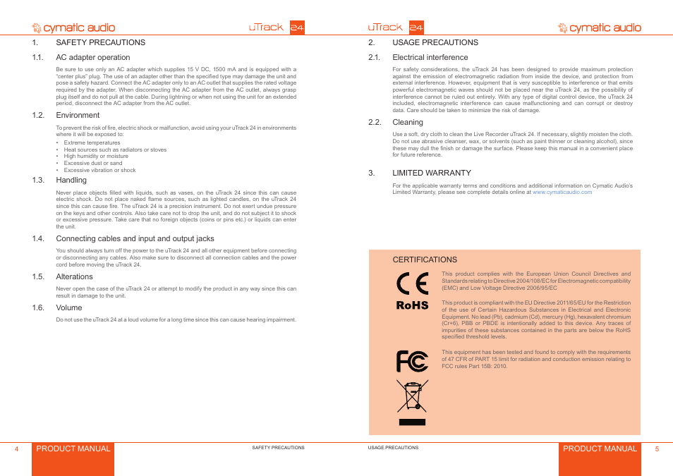 Safety precautions, Ac adapter operation, Environment | Handling, Connecting cables and input and output jacks, Alterations, Volume, Usage precautions, Electrical interference, Cleaning | Cymatic Audio uTrack 24 Manual User Manual | Page 3 / 23