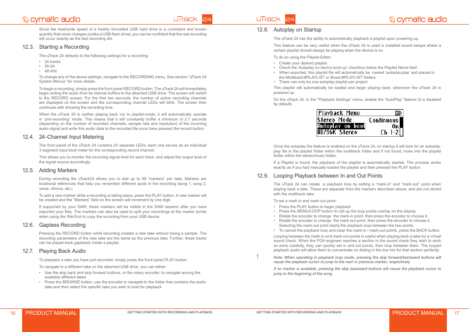 Starting a recording, Channel input metering, Adding markers | Gapless recording, Playing back audio, Autoplay on startup, Looping playback between in and out points, Starting a recording 6, Channel input metering 6, Adding markers 6 | Cymatic Audio uTrack 24 Manual User Manual | Page 9 / 23