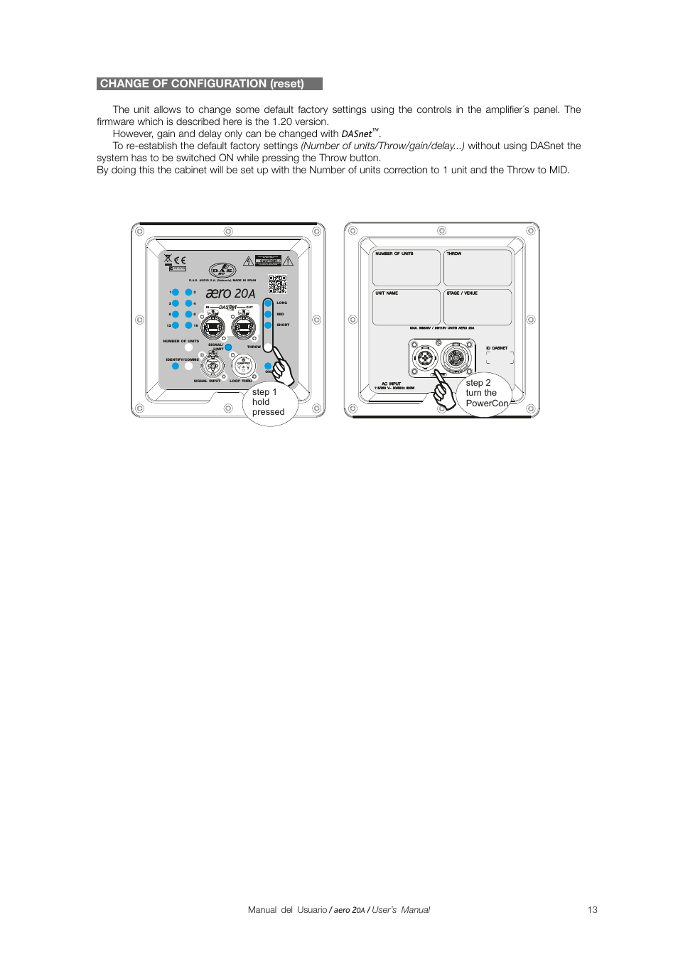 Change of configuration (reset), Manual del usuario / aero 2, User’s manual | Step 1 hold pressed step 2 turn the powercon | D.A.S. Audio Aero 20A User Manual | Page 13 / 18