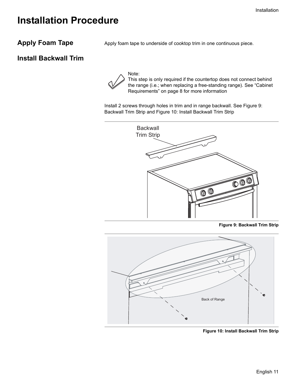 Installation procedure, Apply foam tape, Install backwall trim | Install backwall trim (optional | Bosch Dual-Fuel Slide-In Range User Manual | Page 13 / 80