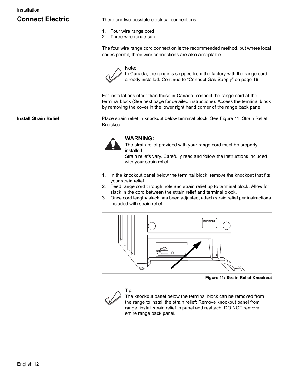 Connect electric, Four wire range cord, Three wire range cord | Install strain relief | Bosch Dual-Fuel Slide-In Range User Manual | Page 14 / 80