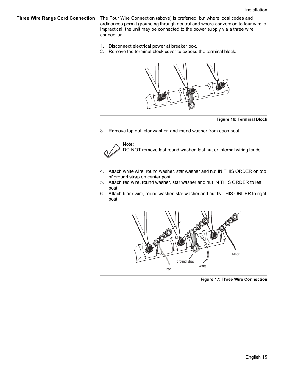 Three wire range cord connection, Disconnect electrical power at breaker box | Bosch Dual-Fuel Slide-In Range User Manual | Page 17 / 80