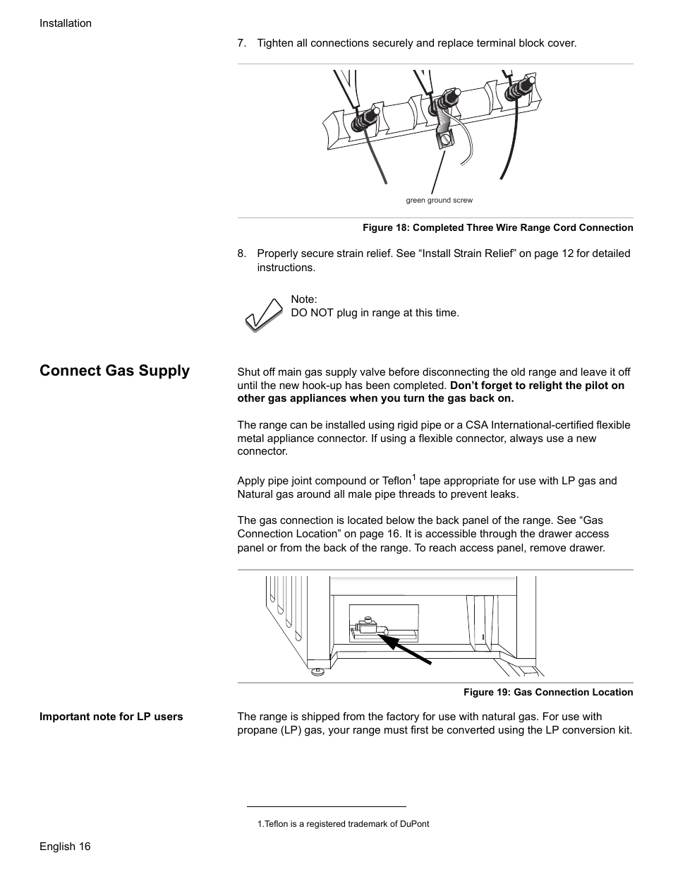 Connect gas supply, Important note for lp users | Bosch Dual-Fuel Slide-In Range User Manual | Page 18 / 80
