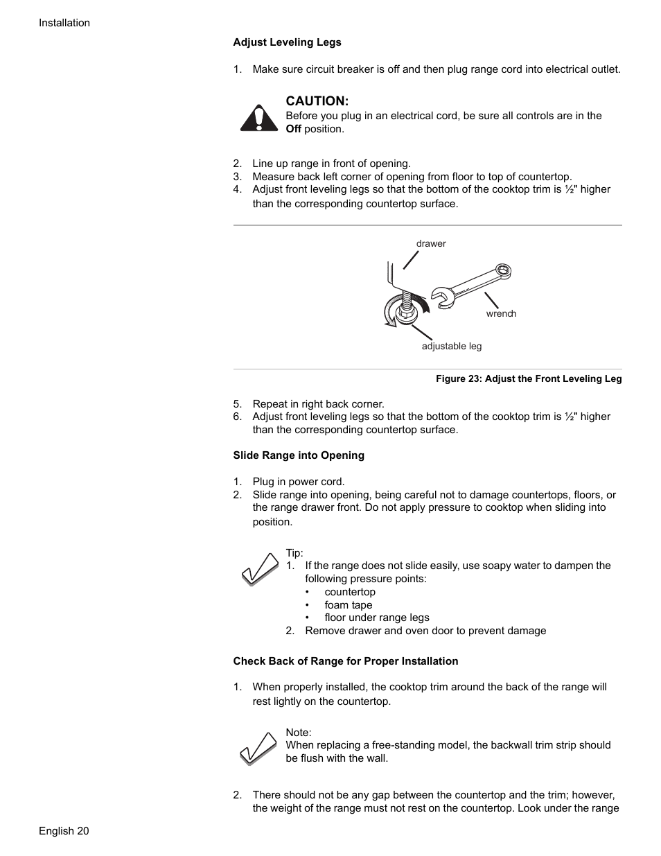 Line up range in front of opening, Repeat in right back corner, Plug in power cord | Remove drawer and oven door to prevent damage | Bosch Dual-Fuel Slide-In Range User Manual | Page 22 / 80