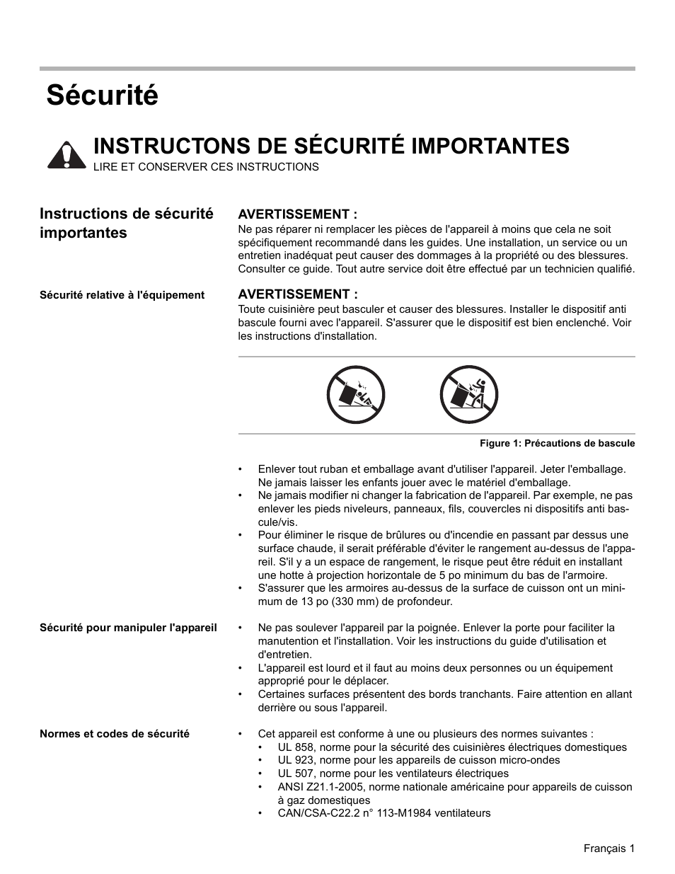 Instructions de sécurité importantes, Sécurité relative à l'équipement, Sécurité pour manipuler l'appareil | Normes et codes de sécurité, Sécurité, Instructons de sécurité importantes | Bosch Dual-Fuel Slide-In Range User Manual | Page 29 / 80