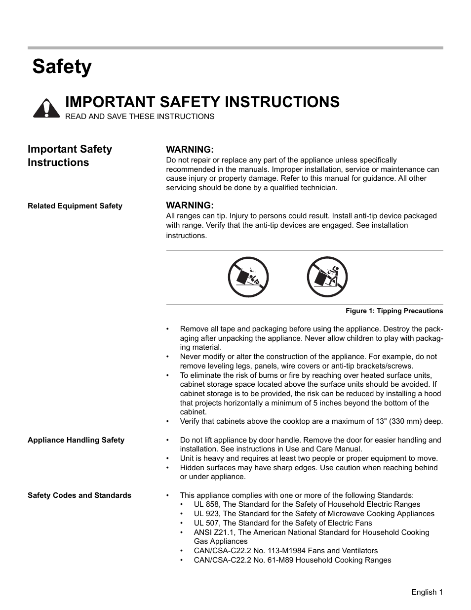Important safety instructions, Related equipment safety, Appliance handling safety | Safety codes and standards, Safety | Bosch Dual-Fuel Slide-In Range User Manual | Page 3 / 80