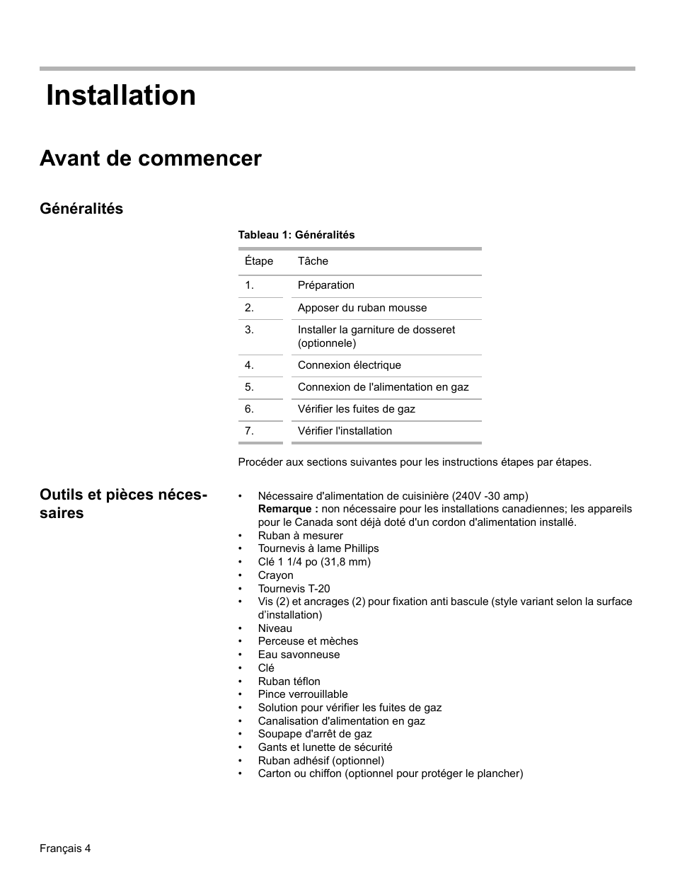 Avant de commencer, Généralités, Tableau 1: généralités | Outils et pièces nécessaires, Installation, Outils et pièces néces- saires | Bosch Dual-Fuel Slide-In Range User Manual | Page 32 / 80