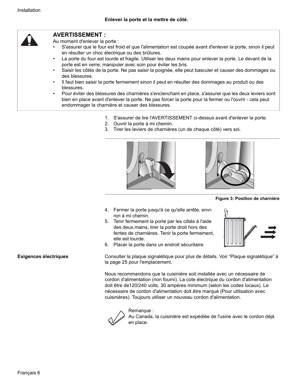 Ouvrir la porte à mi chemin, Placer la porte dans un endroit sécuritaire, Exigences électriques | Avertissement | Bosch Dual-Fuel Slide-In Range User Manual | Page 34 / 80