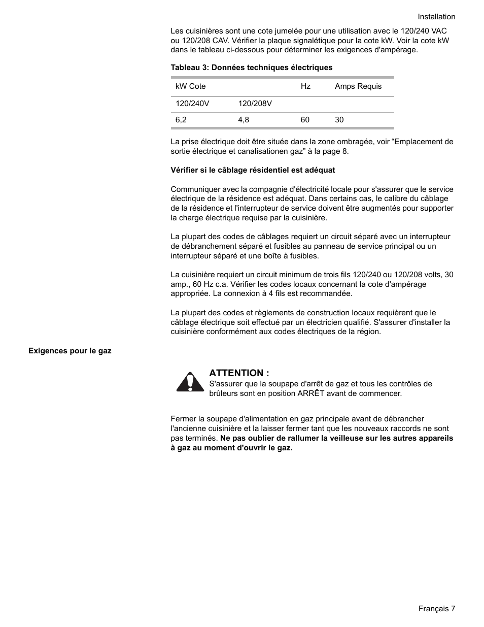 Tableau 3: données techniques électriques, Exigences pour le gaz | Bosch Dual-Fuel Slide-In Range User Manual | Page 35 / 80