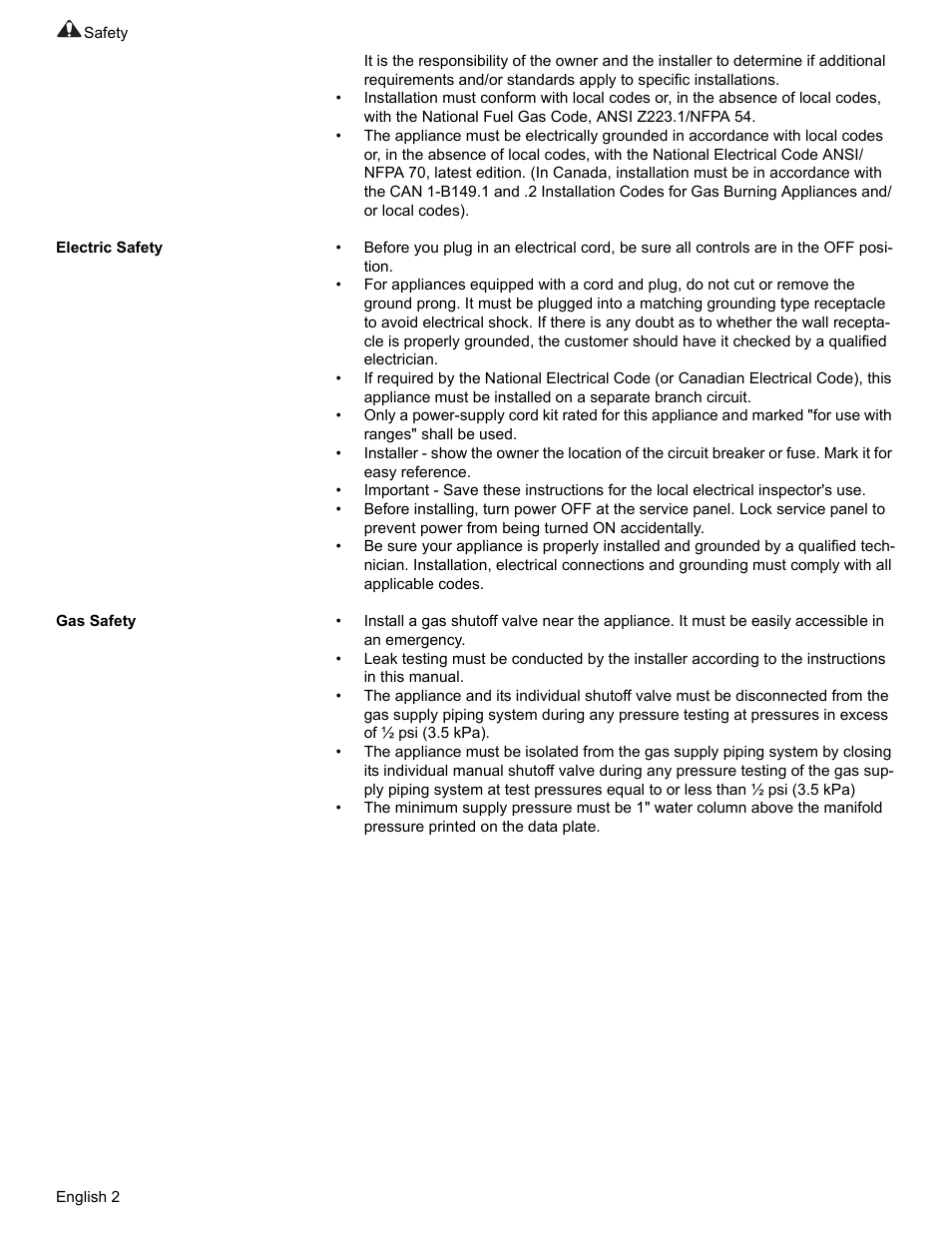 Electric safety, Gas safety | Bosch Dual-Fuel Slide-In Range User Manual | Page 4 / 80