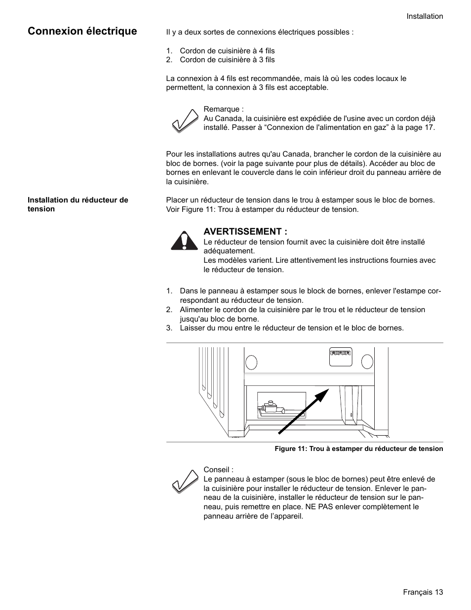 Connexion électrique, Cordon de cuisinière à 4 fils, Cordon de cuisinière à 3 fils | Installation du réducteur de tension | Bosch Dual-Fuel Slide-In Range User Manual | Page 41 / 80