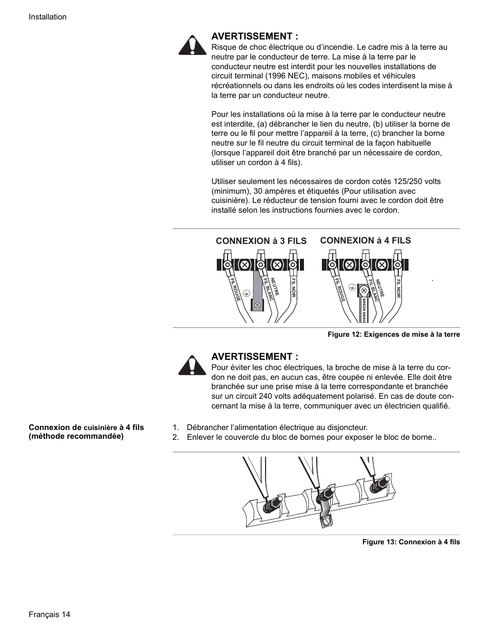 Avertissement, Connexion à 3 fils, Connexion à 4 fils | Bosch Dual-Fuel Slide-In Range User Manual | Page 42 / 80