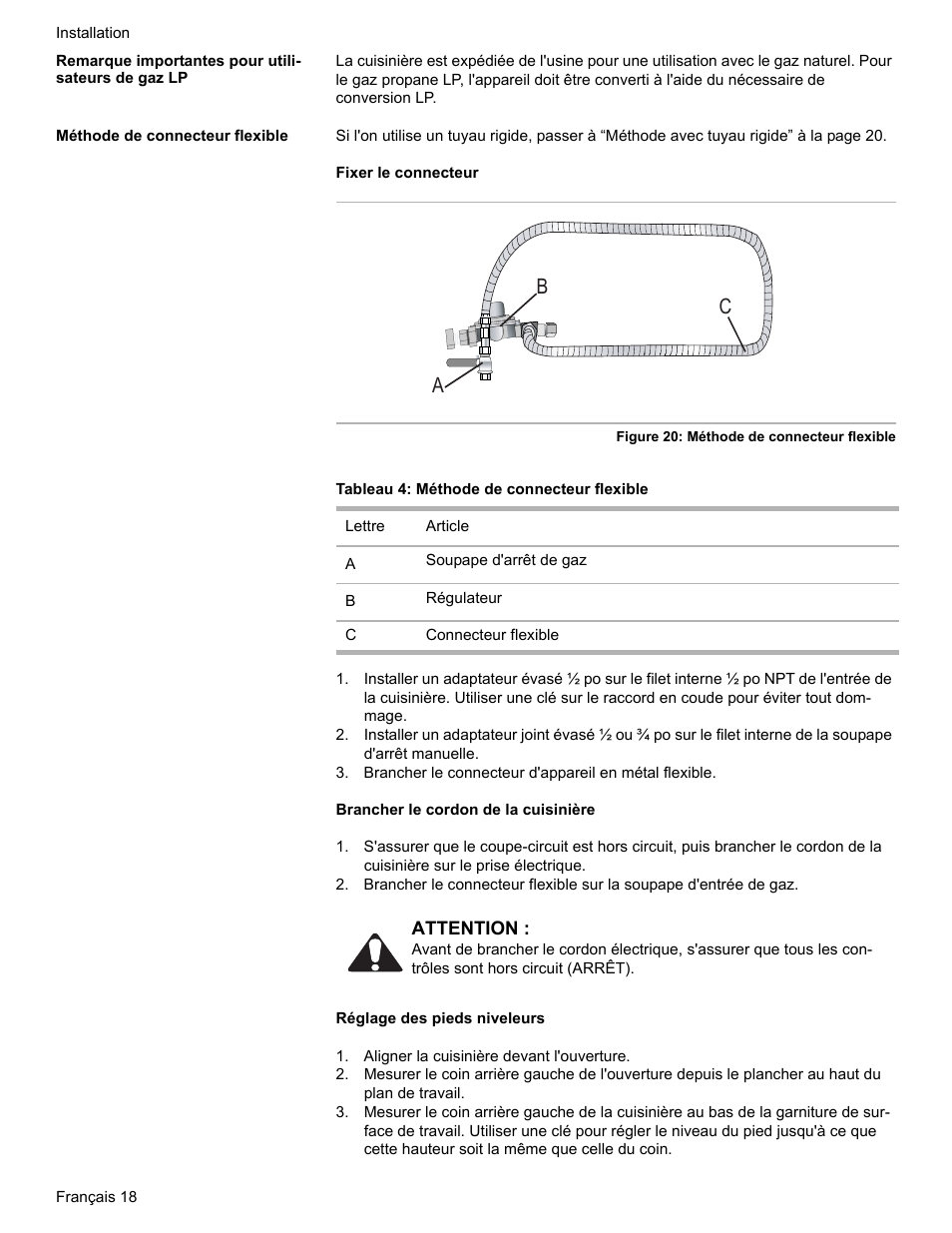 Remarque importantes pour utilisateurs de gaz lp, Méthode de connecteur flexible, Tableau 4: méthode de connecteur flexible | Aligner la cuisinière devant l'ouverture, Ab c | Bosch Dual-Fuel Slide-In Range User Manual | Page 46 / 80