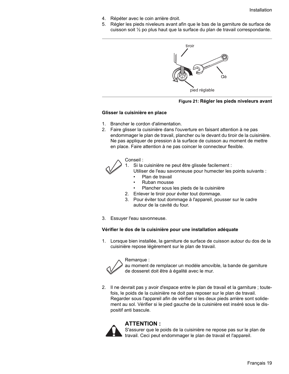 Répéter avec le coin arrière droit, Brancher le cordon d'alimentation, Enlever le tiroir pour éviter tout dommage | Essuyer l'eau savonneuse | Bosch Dual-Fuel Slide-In Range User Manual | Page 47 / 80