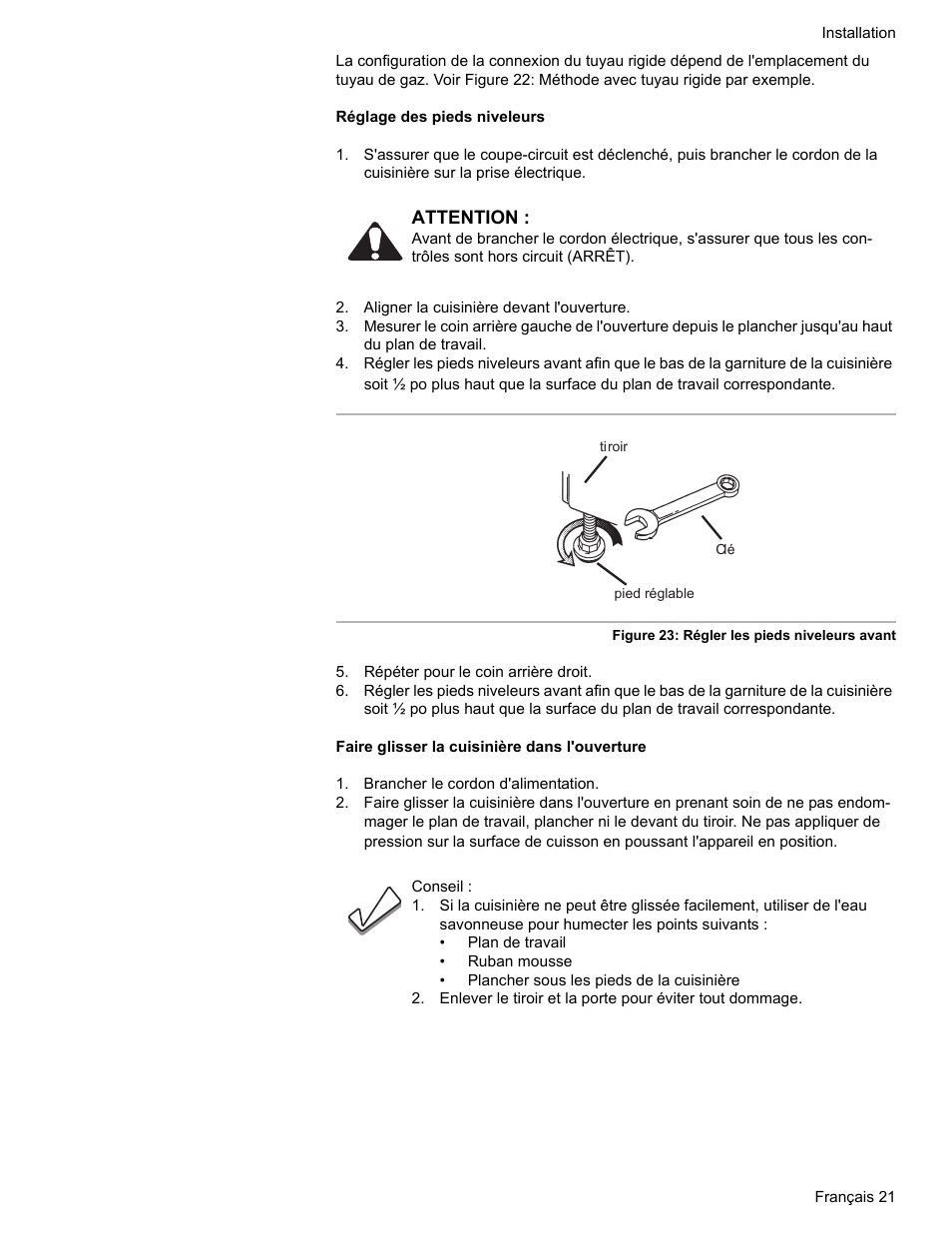 Aligner la cuisinière devant l'ouverture, Répéter pour le coin arrière droit, Brancher le cordon d'alimentation | Bosch Dual-Fuel Slide-In Range User Manual | Page 49 / 80