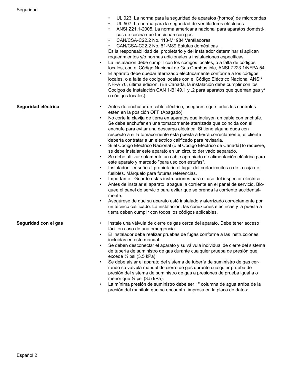 Seguridad eléctrica, Seguridad con el gas | Bosch Dual-Fuel Slide-In Range User Manual | Page 56 / 80
