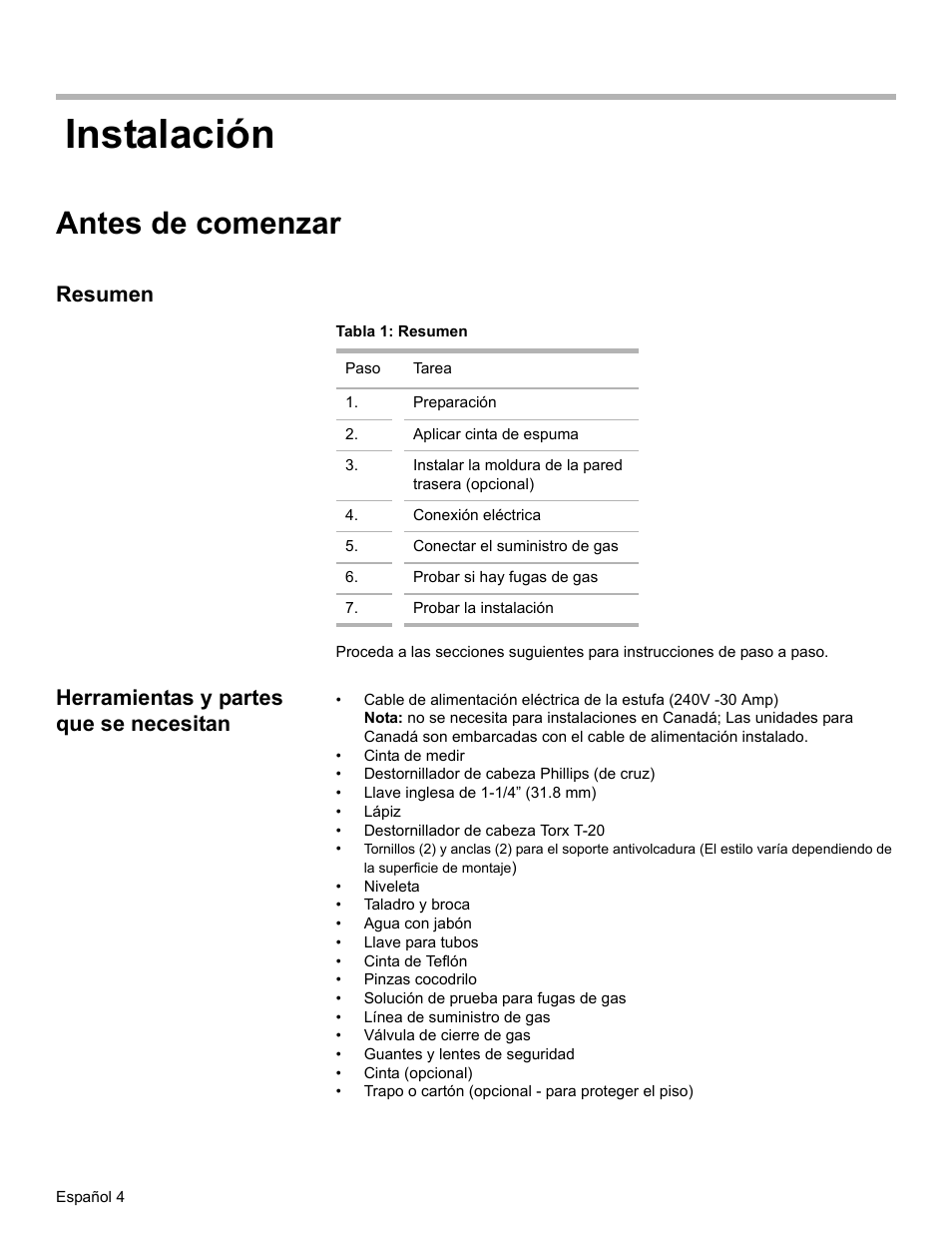 Antes de comenzar, Resumen, Tabla 1: resumen | Herramientas y partes que se necesitan, Instalación | Bosch Dual-Fuel Slide-In Range User Manual | Page 58 / 80