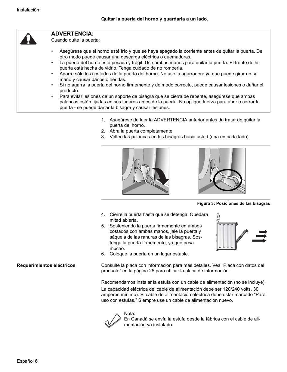 Abra la puerta completamente, Coloque la puerta en un lugar estable, Requerimientos eléctricos | Advertencia | Bosch Dual-Fuel Slide-In Range User Manual | Page 60 / 80