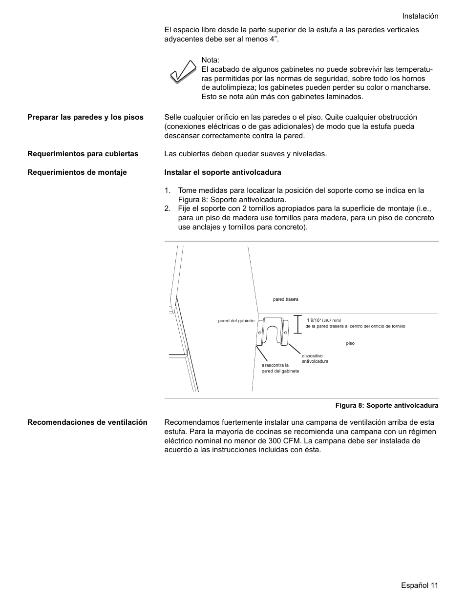 Preparar las paredes y los pisos, Requerimientos para cubiertas, Requerimientos de montaje | Recomendaciones de ventilación | Bosch Dual-Fuel Slide-In Range User Manual | Page 65 / 80