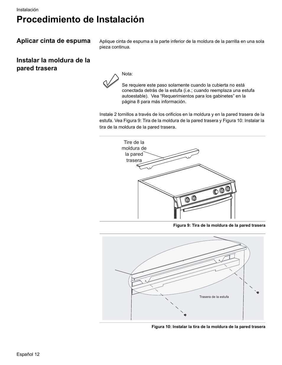 Procedimiento de instalación, Aplicar cinta de espuma, Instalar la moldura de la pared trasera | Instalar la moldura de la pared trasera (o | Bosch Dual-Fuel Slide-In Range User Manual | Page 66 / 80