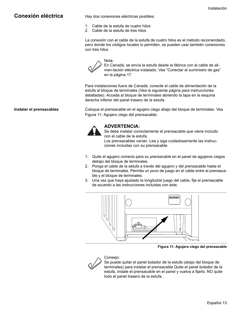 Conexión eléctrica, Cable de la estufa de cuatro hilos, Cable de la estufa de tres hilos | Instalar el prensacables | Bosch Dual-Fuel Slide-In Range User Manual | Page 67 / 80