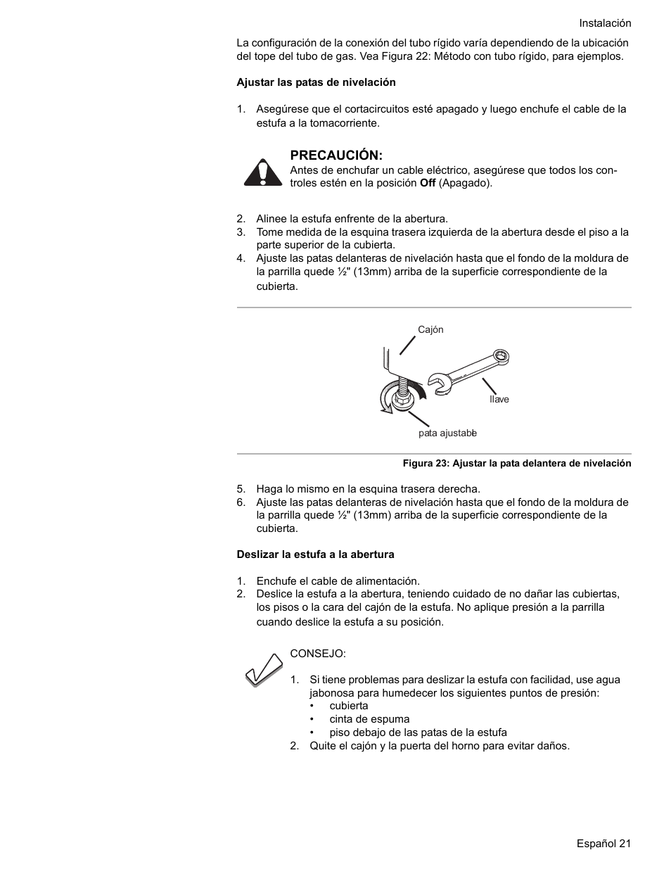 Alinee la estufa enfrente de la abertura, Haga lo mismo en la esquina trasera derecha, Enchufe el cable de alimentación | Bosch Dual-Fuel Slide-In Range User Manual | Page 75 / 80