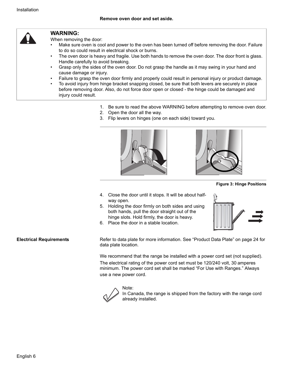 Open the door all the way, Place the door in a stable location, Electrical requirements | Warning | Bosch Dual-Fuel Slide-In Range User Manual | Page 8 / 80